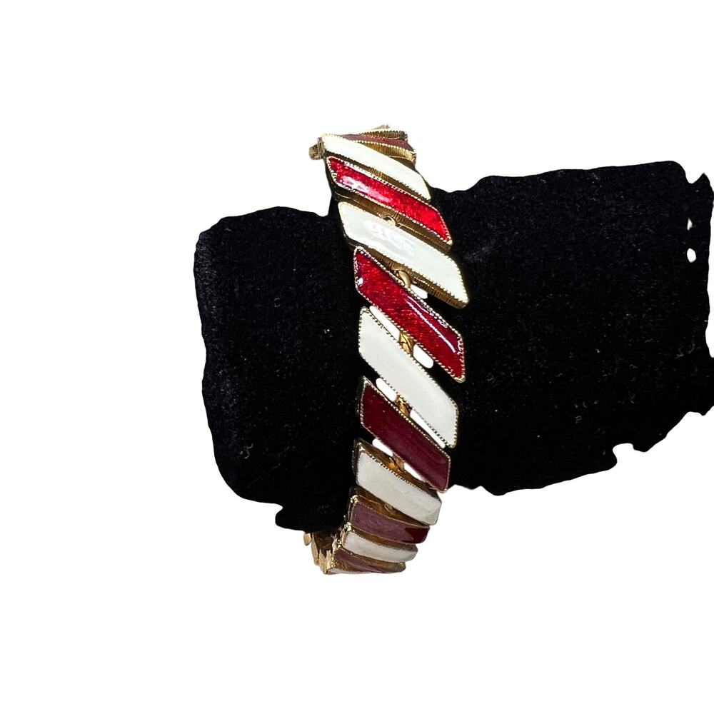 Red White Enamel Gold Tone Chevron Link Bracelet Safety Chain Retro Costume